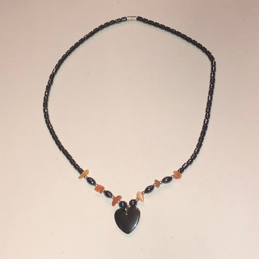 Black Hematite and Orange Heart Beaded Boho Necklace